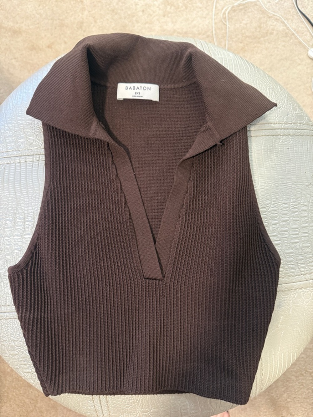 Babaton Dark Brown Ribbed Knit Sleeveless Polo Top